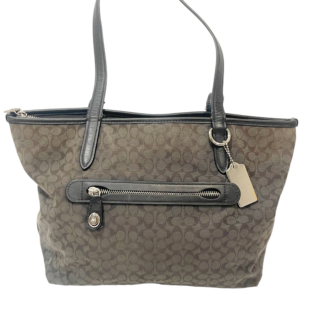 Coach #79579 Signature Taylor Tote Black & Gray Jaquard With Leather Trim